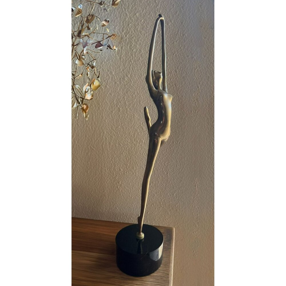 VTG Brass Ballerina Table Sculpture Dancer Lyrical Mid Century Modern Wood Base